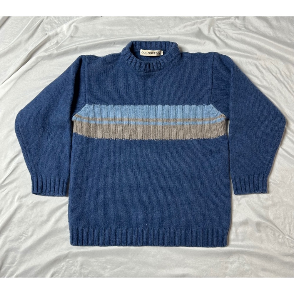 Carraig Donn Women's Wool Sweater Blue Striped Crew Neck Made in Ireland Size L